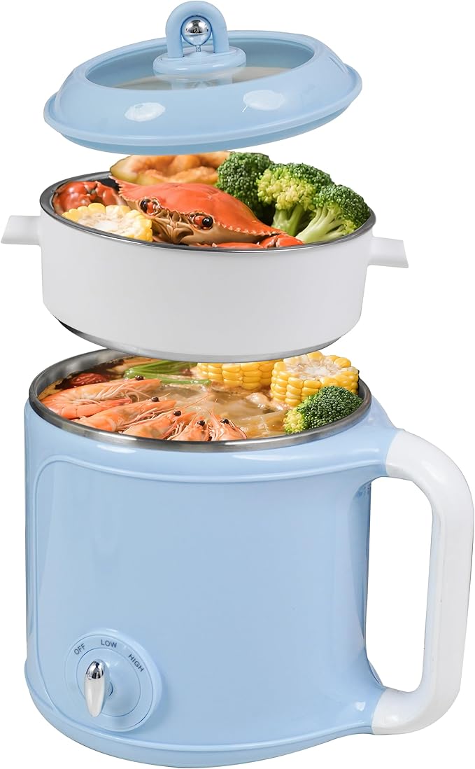 Hot Pot Electric with Steamer，2.0 L Ramen Cooker，Mini Portable Hot Pot for Cooking,Pasta, Shabu-Shabu, Oatmeal, Soup and Egg, Electric Cooker for Dorm, Office（Blue）