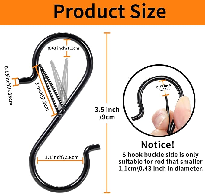 24 PCS S Hooks for Hanging with Safety Buckle, 3.5 inch Heavy Duty Metal S Shaped Hooks for Kitchen Utensil, Cups, Pots, Plants, Bags, Hats (Black)