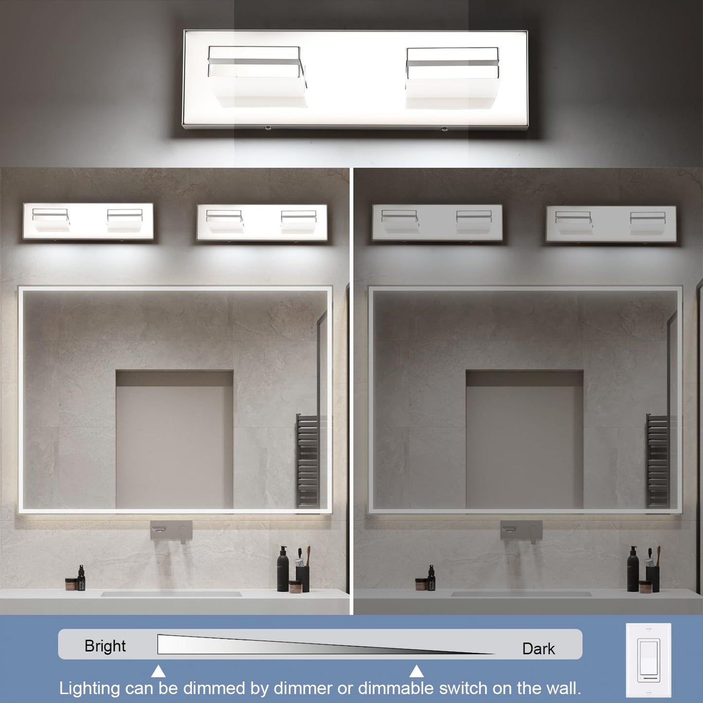 SineRise LED Bathroom Vanity Light Fixture, 2-Light, 15.5-Inch, Dimmable, Chrome, Acrylic, Model H0001-17