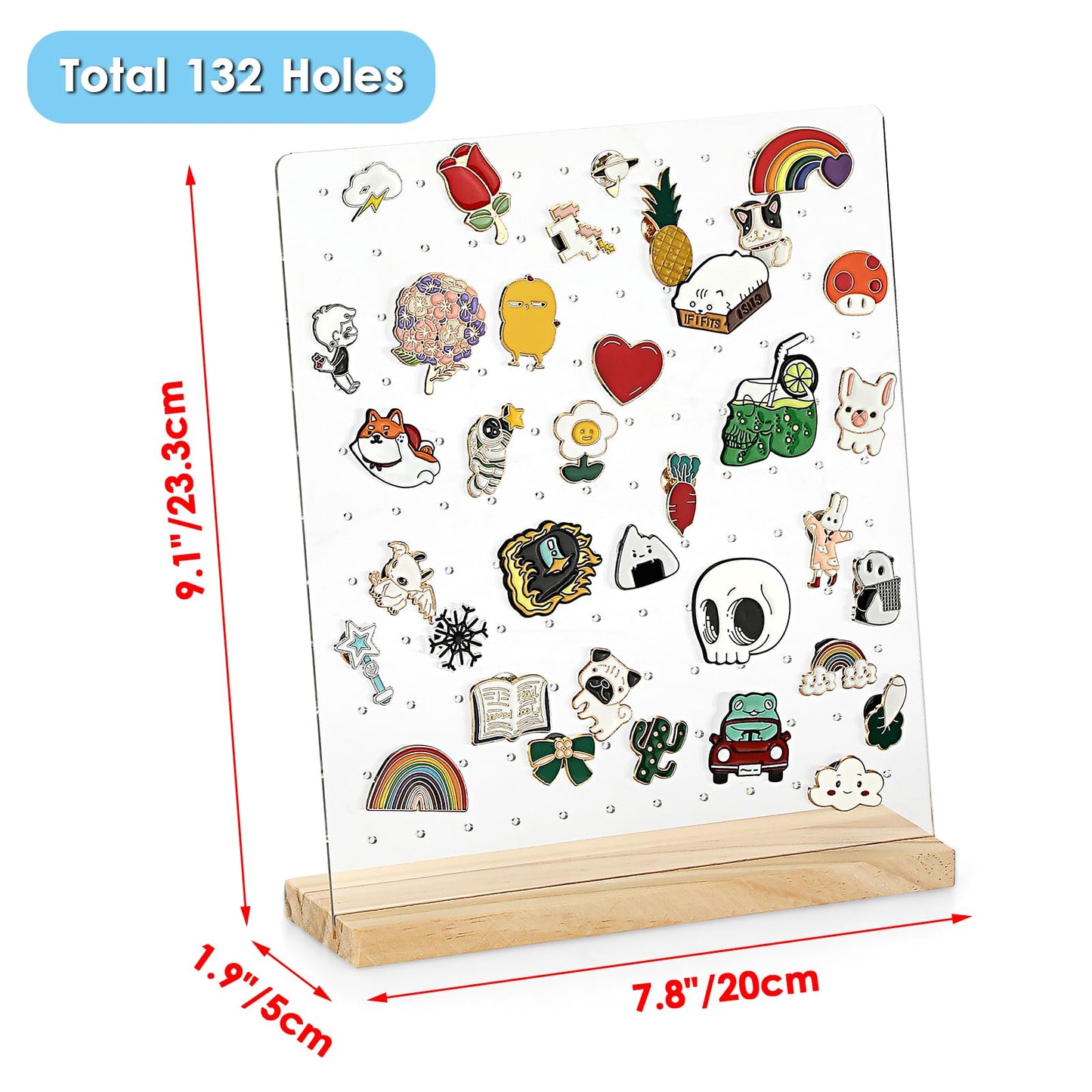 JUXYES Pack of 2 Clear Acrylic Enamel Pin Display Stand with Wooden Base. Tabletop Pin Organizer Display Storage Stand. Hold Up
