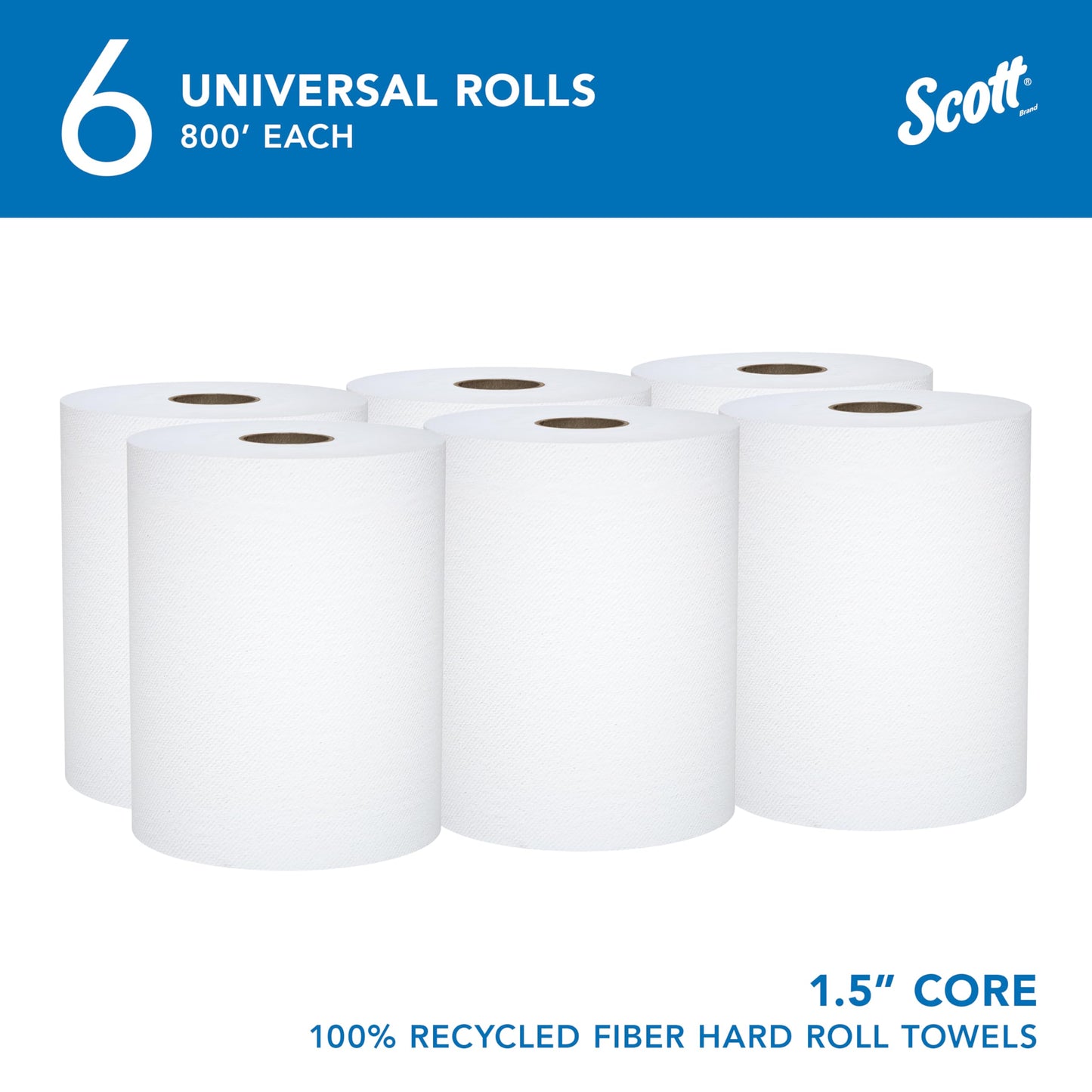 Scott Professional Universal 100% Recycled Fiber Hard Roll Paper Towels, Bulk (56158), Hardwound 1.5' Core, Absorbency Pockets, Compressed, White (6 Rolls at 800' Each, 4,800'/Case)
