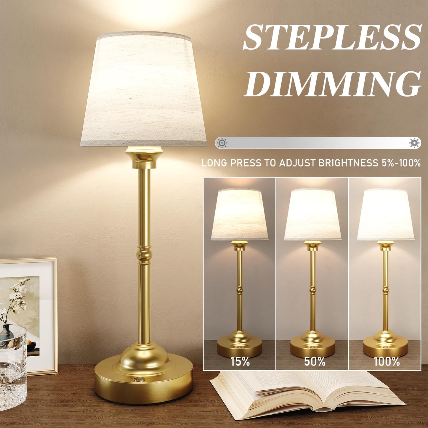 CHLORANTHUS Cordless Table Lamp, 6000mAh Rechargeable, Stepless Dimming, 2 Pack, Khaki, Fabric, Ideal for Bedroom and Camping