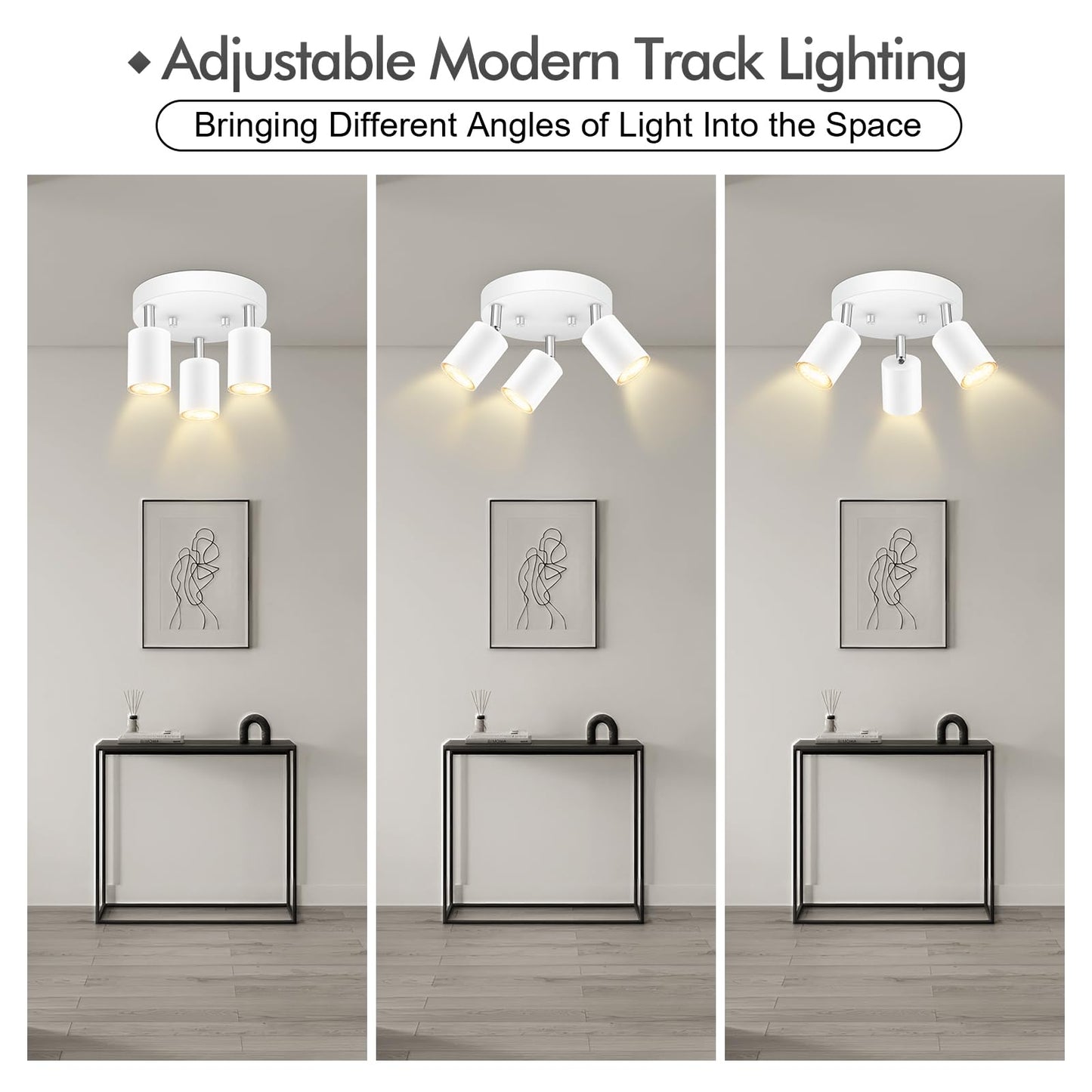 3 Light Track Lighting Fixtures Ceiling, Matte White Round Directional Ceiling Spotlight, GU10 Flush Mount Track Fixture, Adjustable Modern LED track Lights for Kitchen/Living Room, Bulb Not Included