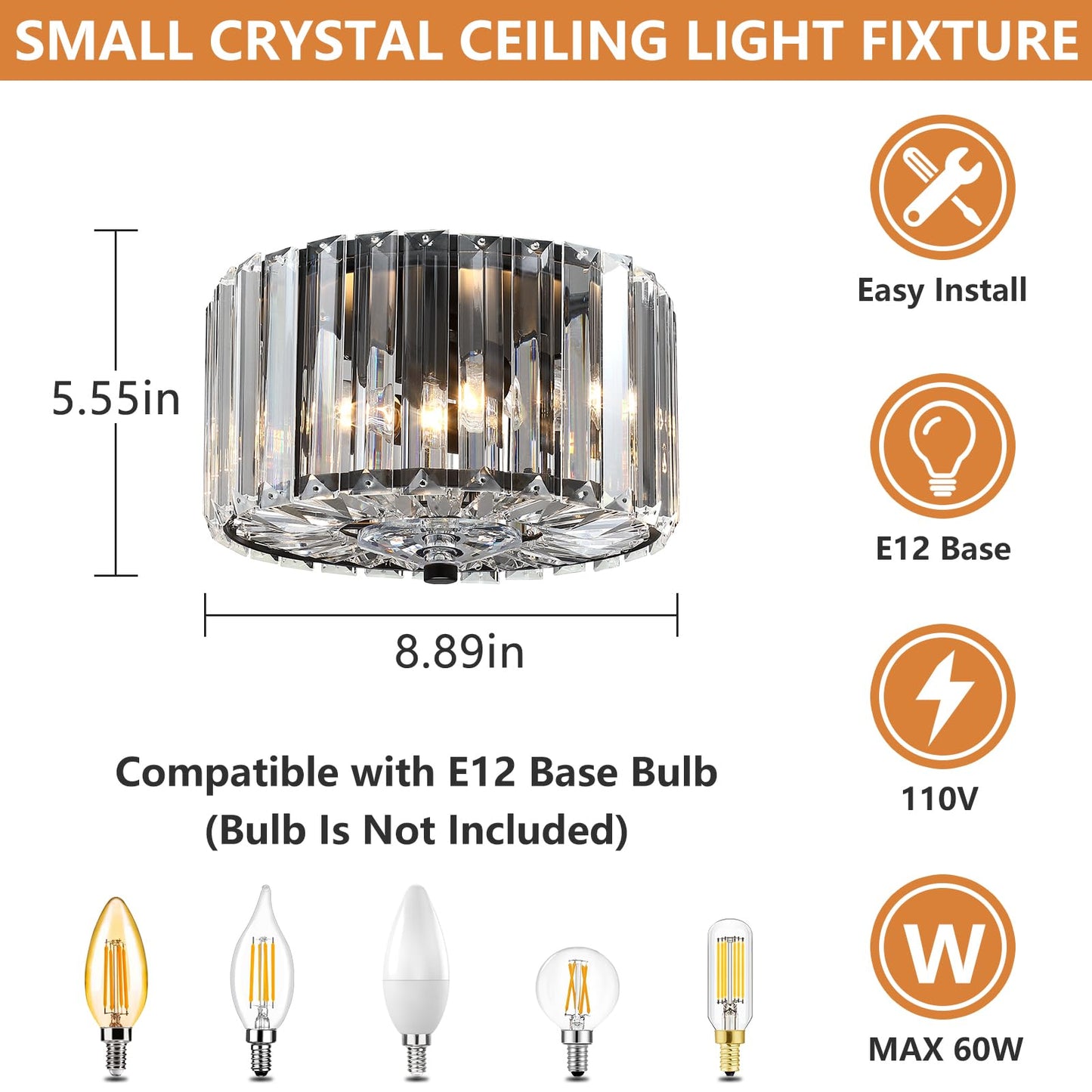 Pasentel Small Crystal Ceiling Light  Modern Semi Flush Mount Ceiling Lighting Fixture  Black Small Chandelier Light Fixture  Entryway Light Fixture For Kitchen Hallway Bathroom  2-Light  Xdd007-1-Bk