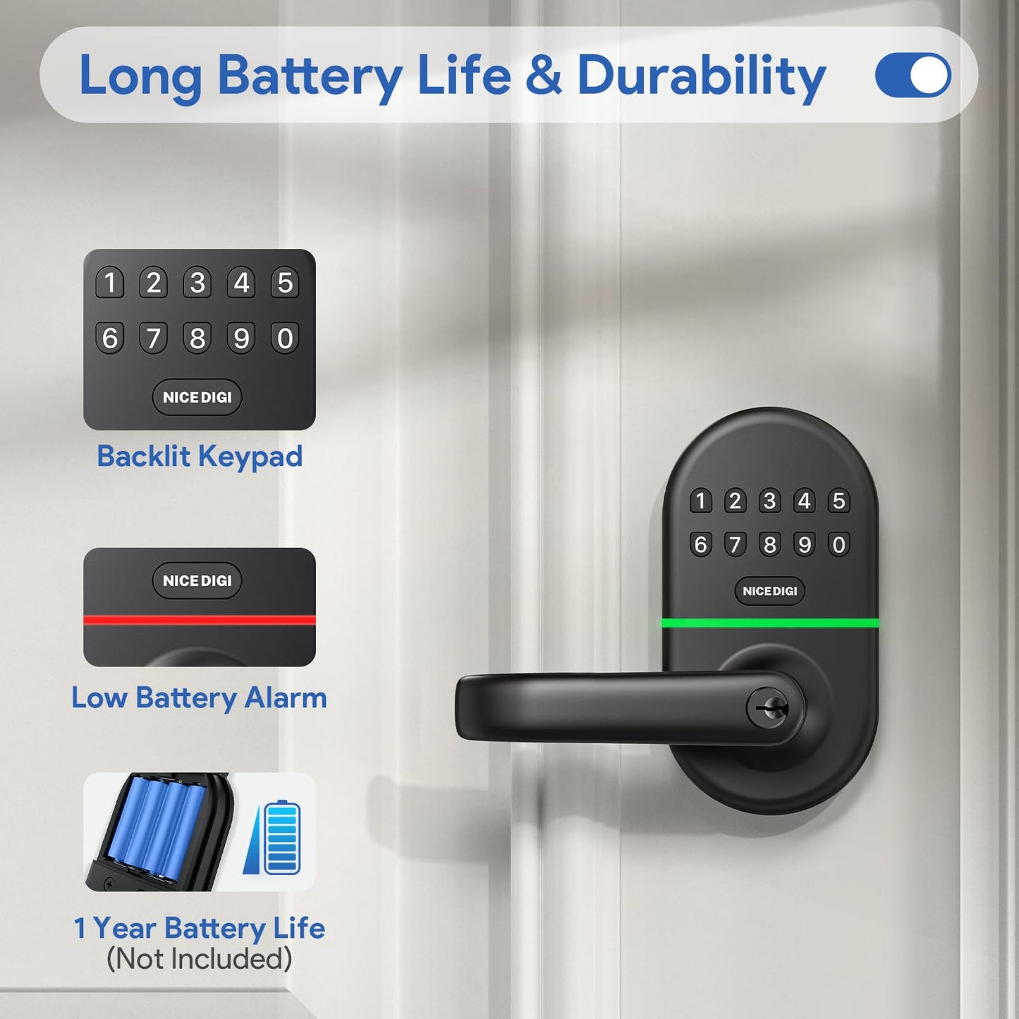 Smart Keypad Door Lock with Handle: NICE DIGI Keyless Entry Digital Lock for Front/Interior Door, Electronic Code Knob, Easy Installation