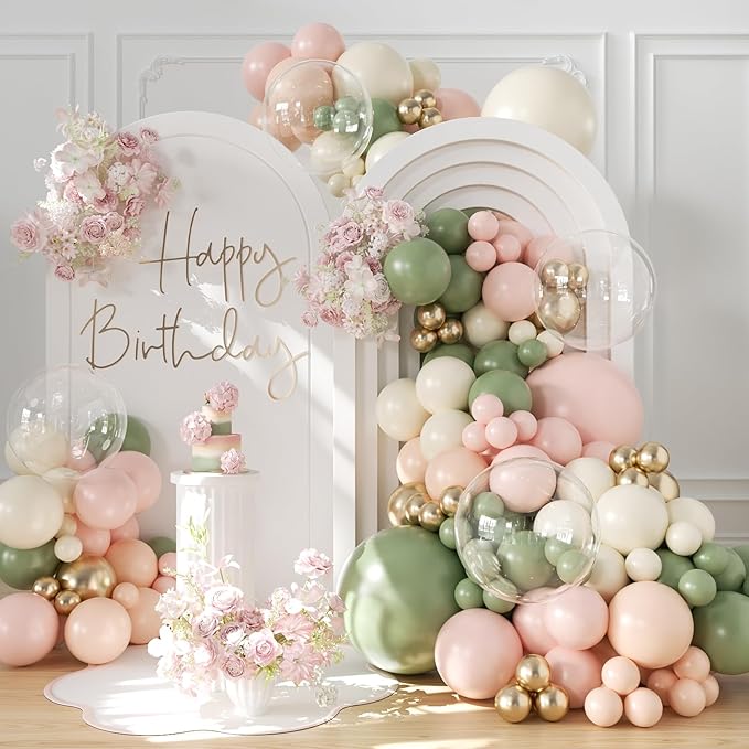Sage Green Pink Gold Balloon Arch Kit 132Pcs Sage Green Pink Peach Ivory White Gold Clear Balloons for Boho Wildflower Bab...