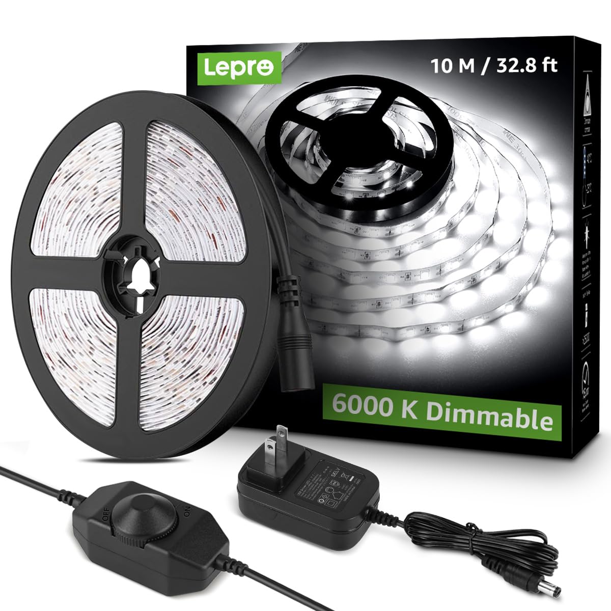 Lepro LED Strip Light, 32.8Ft Dimmable Vanity Lights, 6000K Super Bright LED Tape Lights, 600 LEDs SMD 2835, Strong 3M Adhesive, Suitable for Home, Kitchen, Under Cabinet, Bedroom, Daylight White