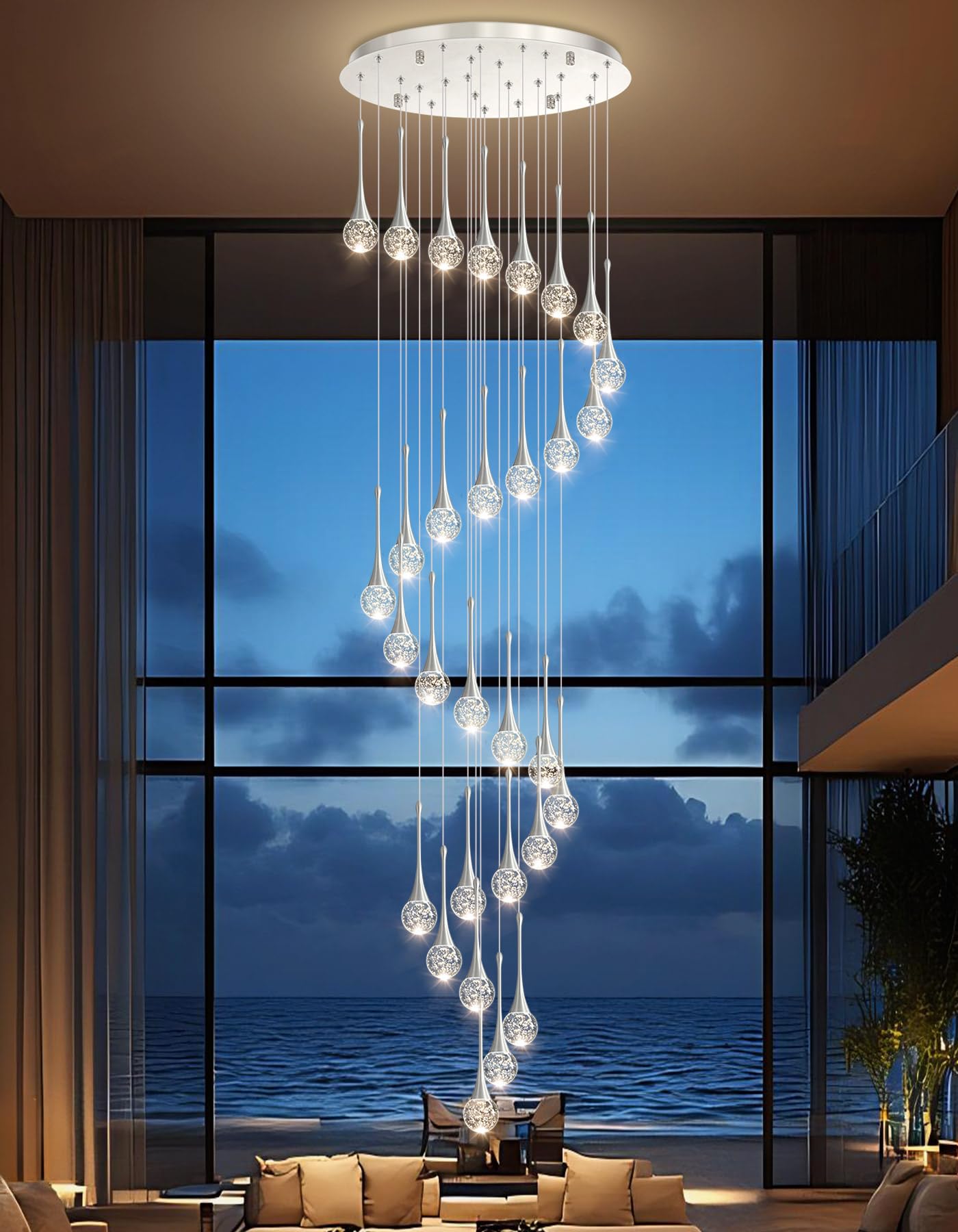 30 Light Modern Glam Crystal Chandelier For High Ceiling Led Dimmable Ceiling Pendant Light Staircase Foyer Enterway Living Room Chandelier Lighting Antique Silver