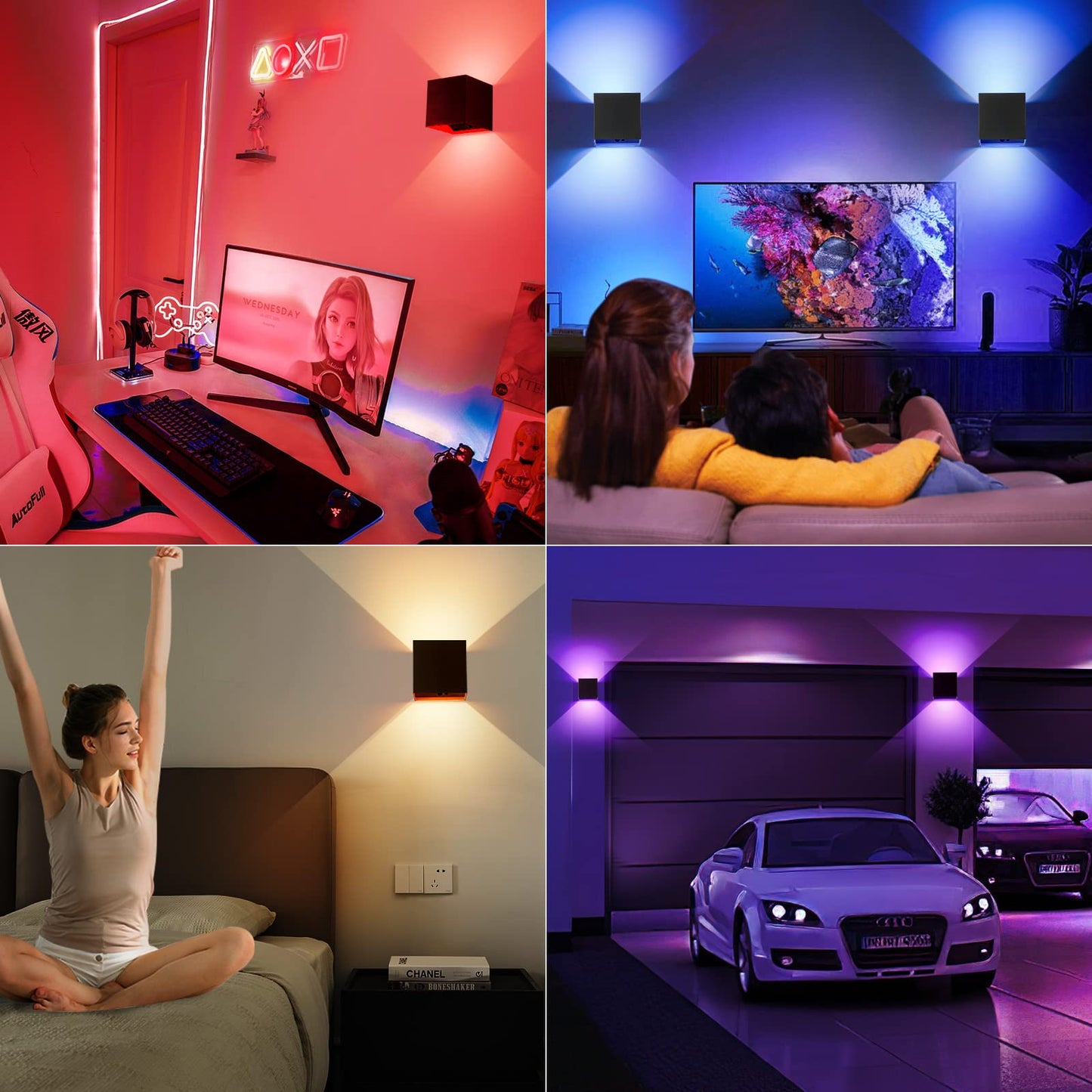 SURPALIG RGB Wall Sconces Set of 2, LED Lights, 16 Colors, Rechargeable, Remote Control, Black