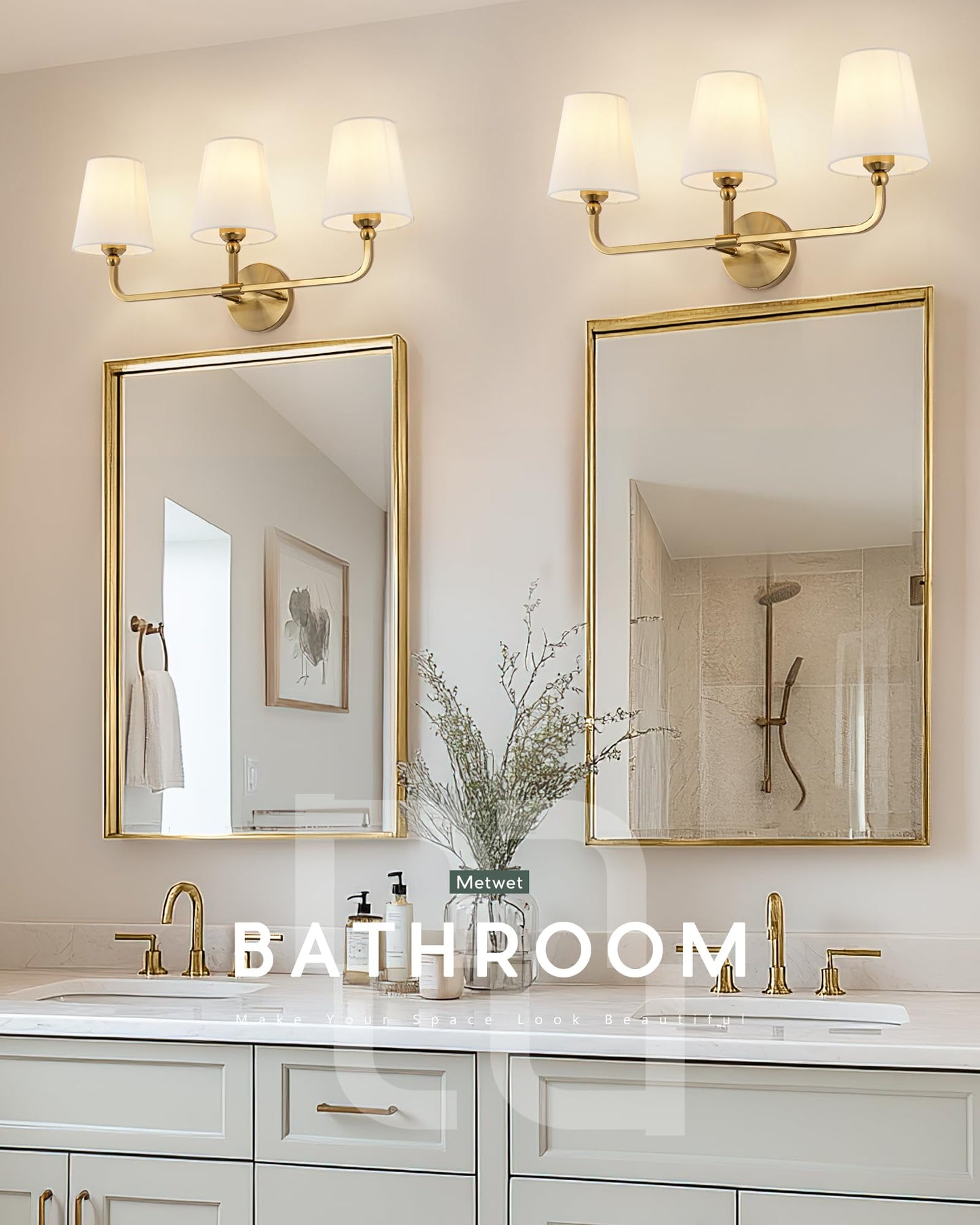 Metwet Bathroom Light Fixtures  Brushed Gold Vanity Lights With Beige Fabric Shade  3-Light Wall Sconce  Modern Sconces Wall Lighting For Hallway Bedroom  Vl837-Bg-B-3