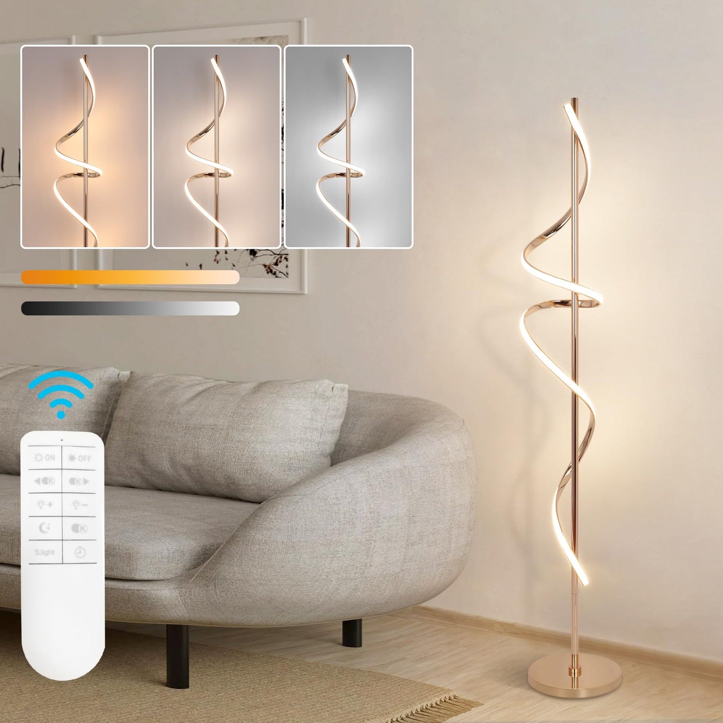 EIDISUNY LED Floor Lamp, 60in Spiral, Dimmable, 3 Color Temperatures, Remote Control, Model FL-YLC002GD, Gold