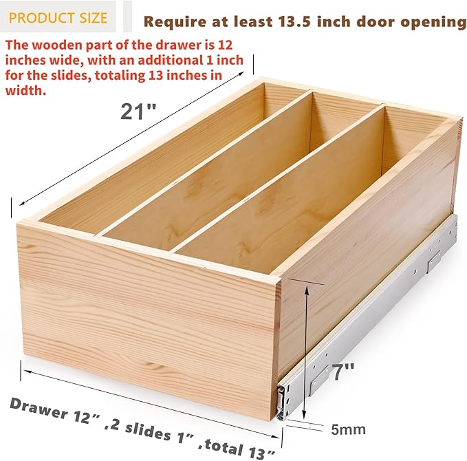 Pull Out Cabinet Organizer with Divider, 13''W×21''D×7''H Soft Close Wood Drawer for Kitchen Pantry, Finished, Heavy-Duty, Bottom Assembly (Wood Drawer Part Width is 12'')