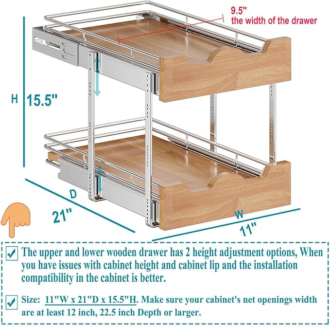OCG Pull Out Cabinet Organizer 11" W x 21" D, 2 Tier Slide Out Shelf, Heavy-Duty Pull Out Drawer for Cabinets, Base Cabinet Organization for Kitchen, Pantry, Bathroom