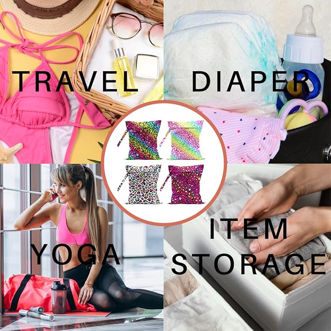 4 Pack Colorful Rainbow Neon Leopard Wet Bag Waterproof Washable Reusable Wet Dry Bag for Swimsuit Clothes Cloth Diaper Travel Pool Yoga Gym Toiletries Gift for Women Friend Bestie Christmas Birthday