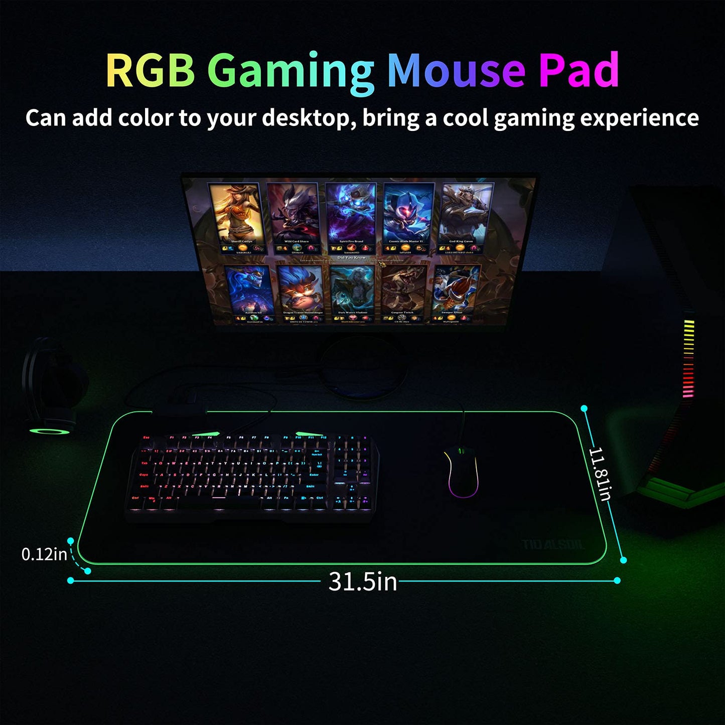 RGB Large Gaming Mouse Pad with 4Port USB Hub and 13Lighting Modes, Computer Keyboard Mouse Pad, Oversize Anti-Slip Rubber Base Mouse Mat for Computer PC Games (31.5 x 11.81 in Black,0.15in Thick)
