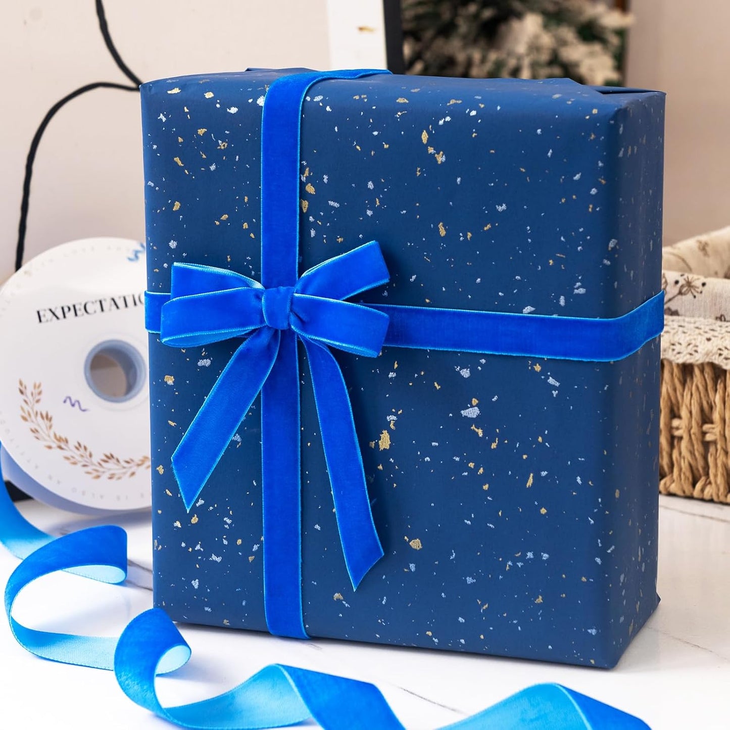 Blue Velvet Ribbon 5/8'' 2 Rolls Total 30 Yards, Use for Gift Wrapping, Christmas Tree, Wreath Decoration, DIY Crafts (Royal Blue, Light Blue)