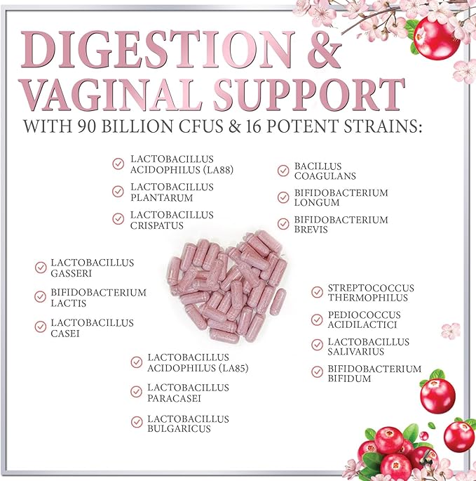 Probiotics for Women 90 Billion CFU, pH Balance for Feminine Vaginal Odor, 16 Probiotic Strains with Prebiotics, Cranberry, D-Mannose & Digestive Health, Immune Support, Shelf Stable - 60 Capsules