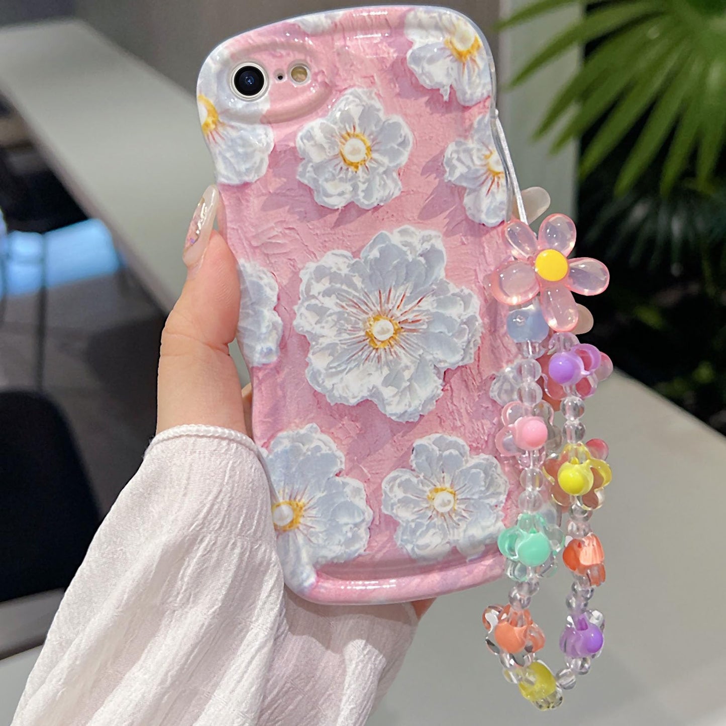 For Iphone 6S Plus Iphone 6 Plus Curly Wavy Case, Cute Colorful Retro Oil Painting Flower Glossy Pattern [With Bead Chain], Slim
