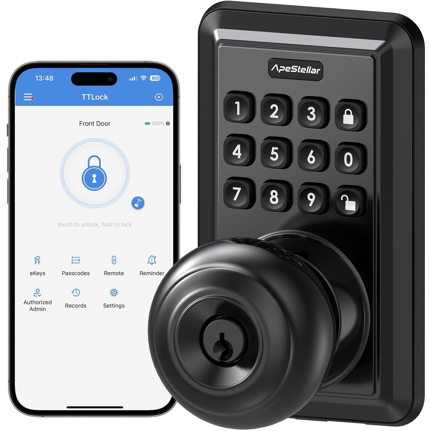 Wi-Fi Keyless Entry Door Lock with Knob - Smart Keypad Door Lock with Handle - Electronic Smart Knob for Front Door - APP Remote Control - No Hub Required - Auto Lock - Easy Installation