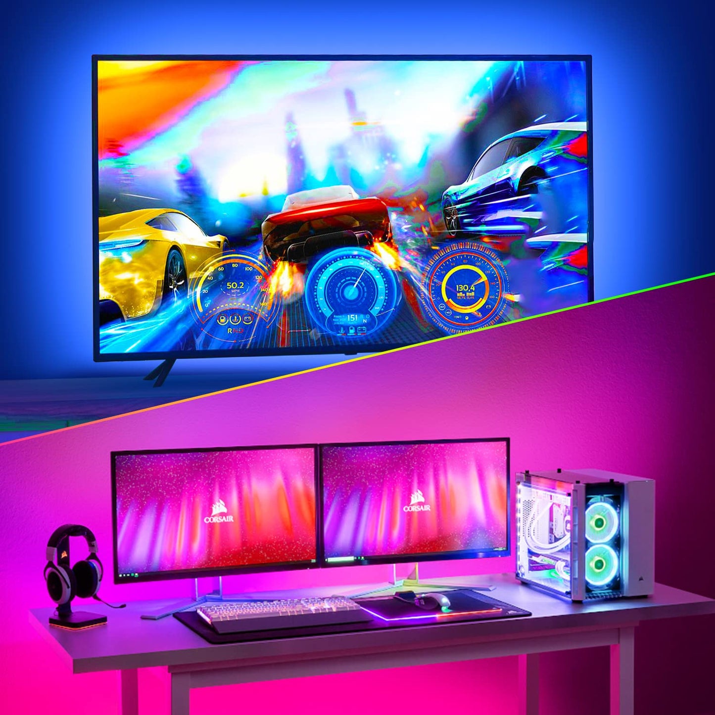 Hamlite Rgb-35M Led Backlight Strip For 75-80 Inch Tvs, Wifi Music Sync, White, 17.4Ft, Compatible With Alexa, Bias Lighting