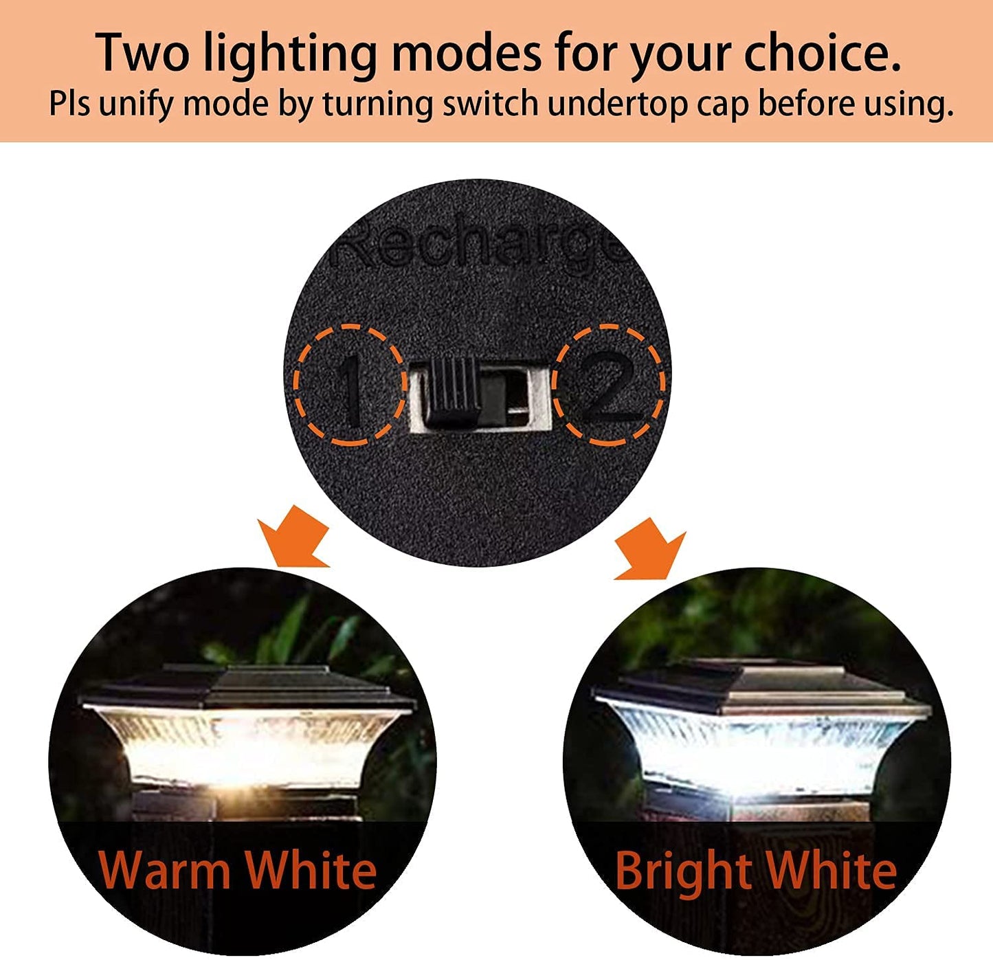 Huyieno Solar Post Cap Lights - 12Pk Led Outdoor Lighting, Warm White/Bright White, Black, Fits 4X4 Wooden Posts, Durable Plastic