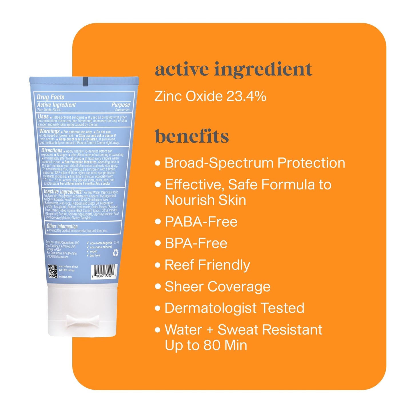Thinksport Mineral Sunscreen, SPF 50 Clear Zinc Oxide Sunscreen, 2 Fl Oz, Water Resistant, Reef Safe, Broad Spectrum UVA/UVB Sun