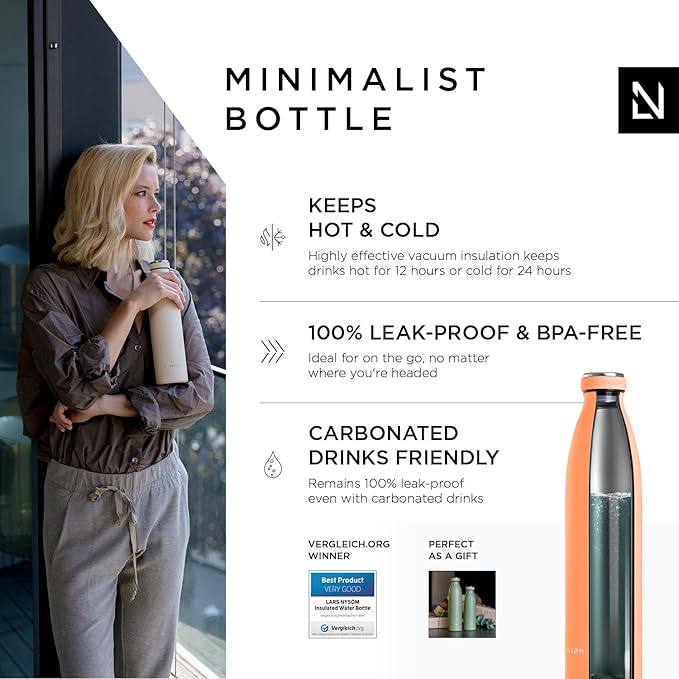 LARS NYSØM Stainless Steel Insulated Water Bottle 12oz 17oz 25oz 34oz 51oz | BPA-free Insulated Thermo Flask for Hot and Cold Beverages | Leakproof Drinking Bottle (Pumpkin Orange, 34oz)