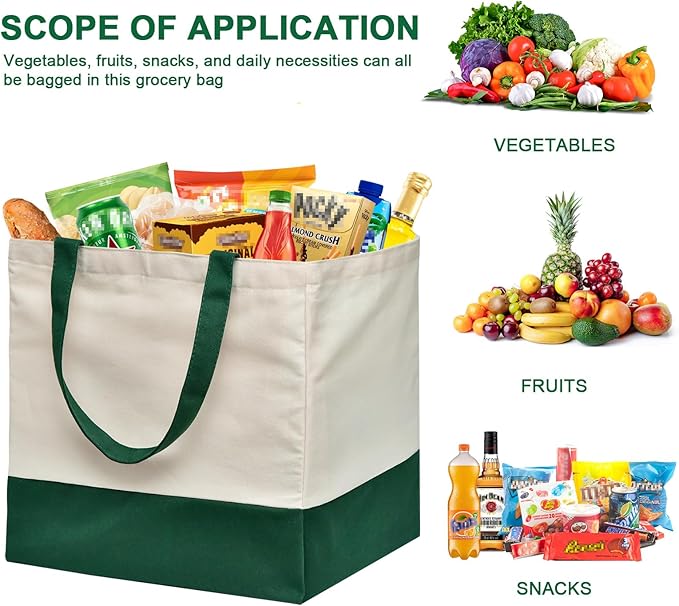 Reusable Grocery Bags Heavy Duty, 8.3 gal Foldable Large Canvas Tote Bag with Handles, Holds 60 lbs Canvas Shopping Bags, 1 Pack（Retro Green）