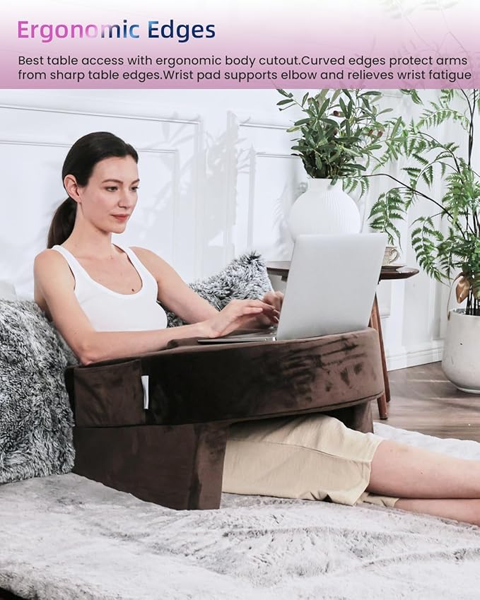 Weighted Idea Reading Pillow for Gaming, Meduim Gaming Pillow for Adult，Table Pillow with 2 Side Pockets for Gaming, Reading, Working Sitting in Bed Floor Sofa (Brown)
