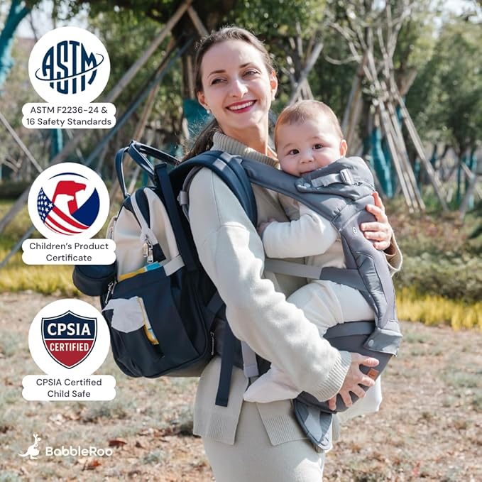BabbleRoo Grow Carrier – Safety-Certified 6-in-1 Baby Carrier with Hip Seat, Ergonomic & Adjustable Toddler Carrier 7-50 lbs with Hip Support, Hood for Sun Protection, Newborn to Toddler, Gray