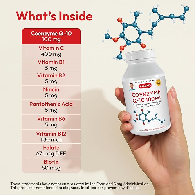 ANDREW LESSMAN Coenzyme Q-10 100 mg 180 Capsules - Essential for Energy Production and Optimum Key Organ Function, Anti-Oxidant Support, Depleted by Aging, Plus B-Complex. Easy to Swallow Capsules