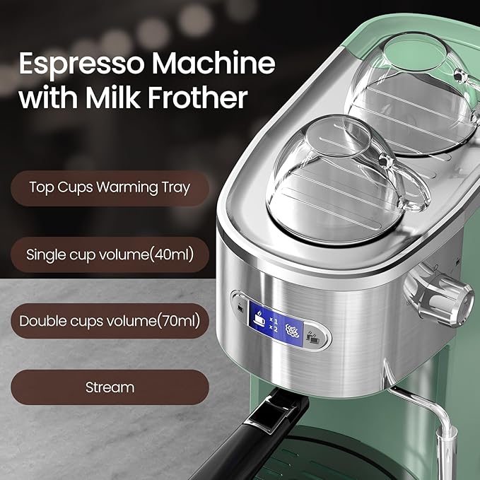 Espresso Machine 20 Bar, Professional Stainless Steel Coffee Maker with LCD Display, Steam Wand, 45oz Removable Water Tank, for Espresso, Cappuccino, Latte at Home or Office, Green