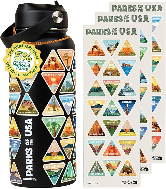 Wondery Parks of the USA® Water Bottle With 63 Waterproof Stickers of Parks (USA), 32 oz Stainless Steel Water Bottle for ...