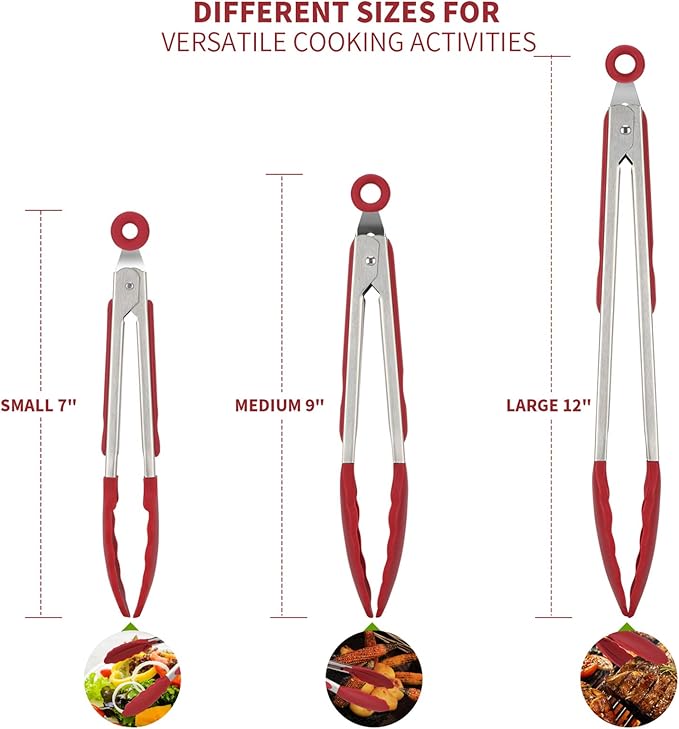 U-Taste 18/8 Stainless Steel Measuring Cups and Spoons Set and 600ºF High Heat-Resistant Kitchen Tong Set (Red)