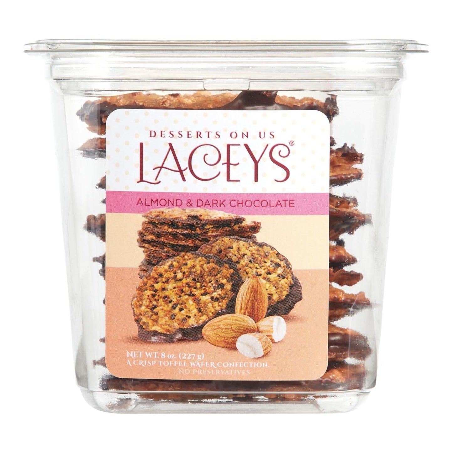 Laceys Gourmet Cookies | Light and Crispy Delicious Cookies | Handcrafted by Desserts On Us (8 Ounce Tub, Almond & Dark Chocolat