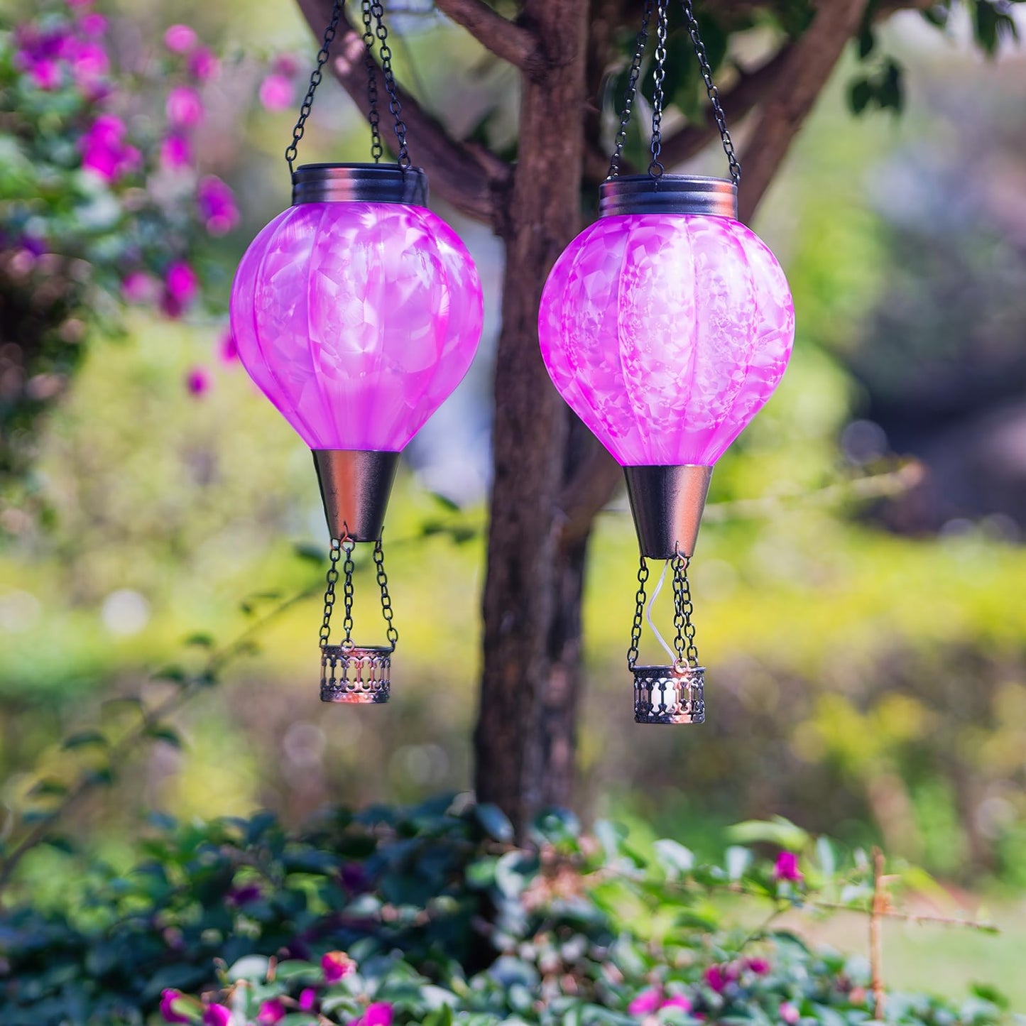 Dreamskip 2Pc Hot Air Balloon Solar Lantern With Flame  Pink Glass Balloon Lantern Lights Outdoor Waterproof  Hanging Solar Lights For Outside Garden Yard Patio Tree Porch Gift For Women Lovers Mom