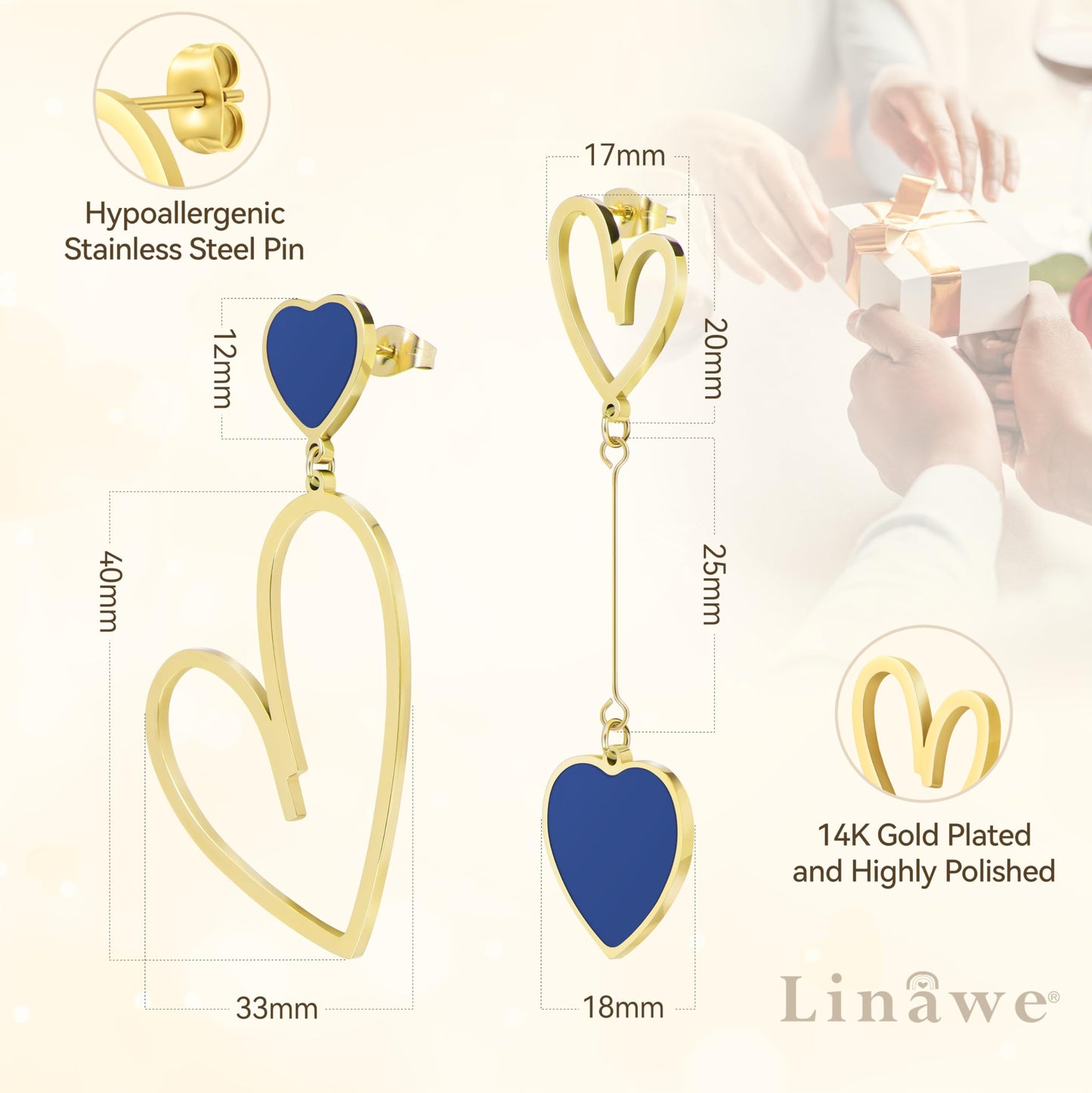 Linawe Gold Heart Earrings for Women Trendy, Royal Blue Dangle Drop Earrings Dangling, Titanium Stainless Steel Hypoallergenic H