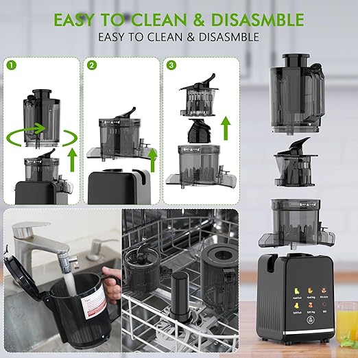 Cold Press Juicer, 4.35" Large Feed Chute Electric Juicer Machine High Juice Yield Slow Masticating Juicer for Whole Vegetables & Fruits, Easy Assemble & Cleaning