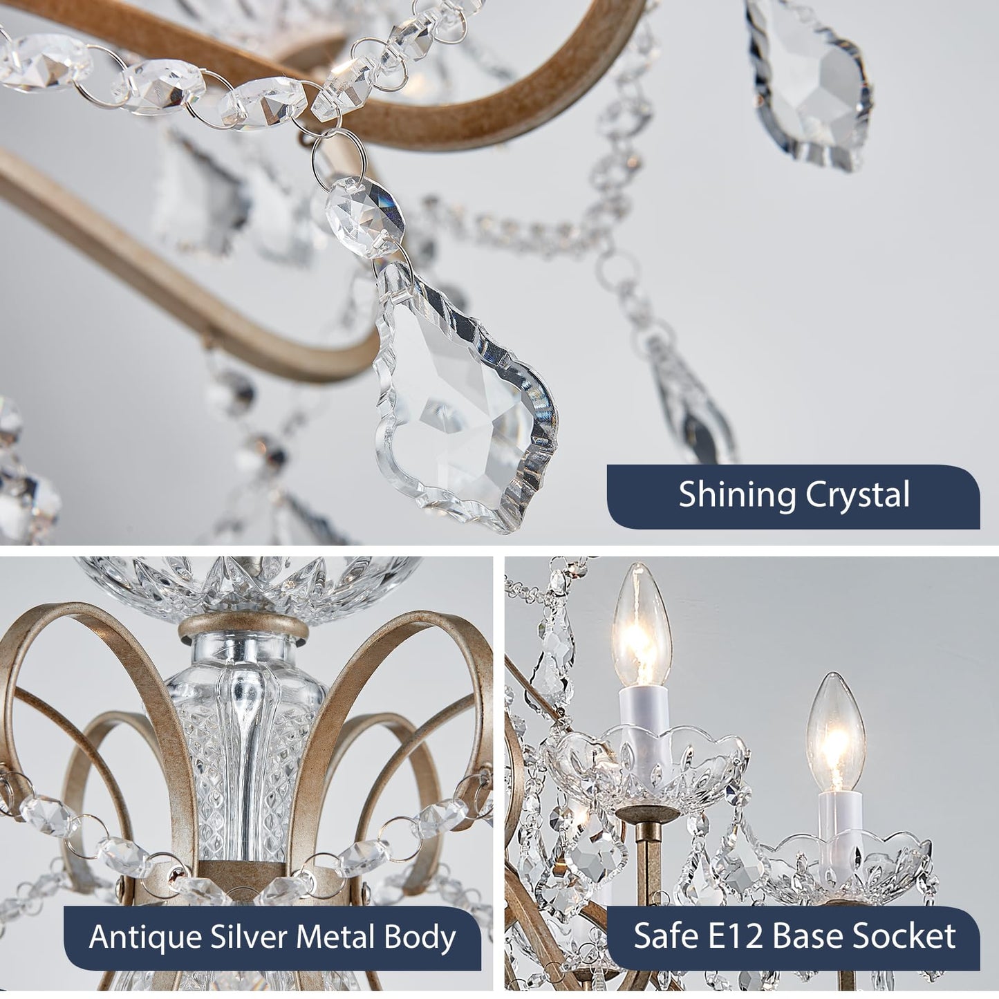 Bestier Antique Silver Candle Chandelier, Crystal Lighting Fixture for Dining Room, 6 E12 Bulbs, D24in x H26in