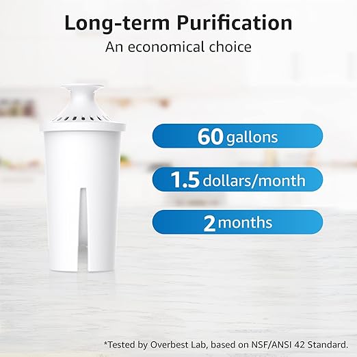 Overbest NSF Certified Pitcher Water Filter, Replacement for Brita® Pitchers and Dispensers, Brita® Classic 35557, OB03, Mavea® 107007, and More, Includes 2 Filters