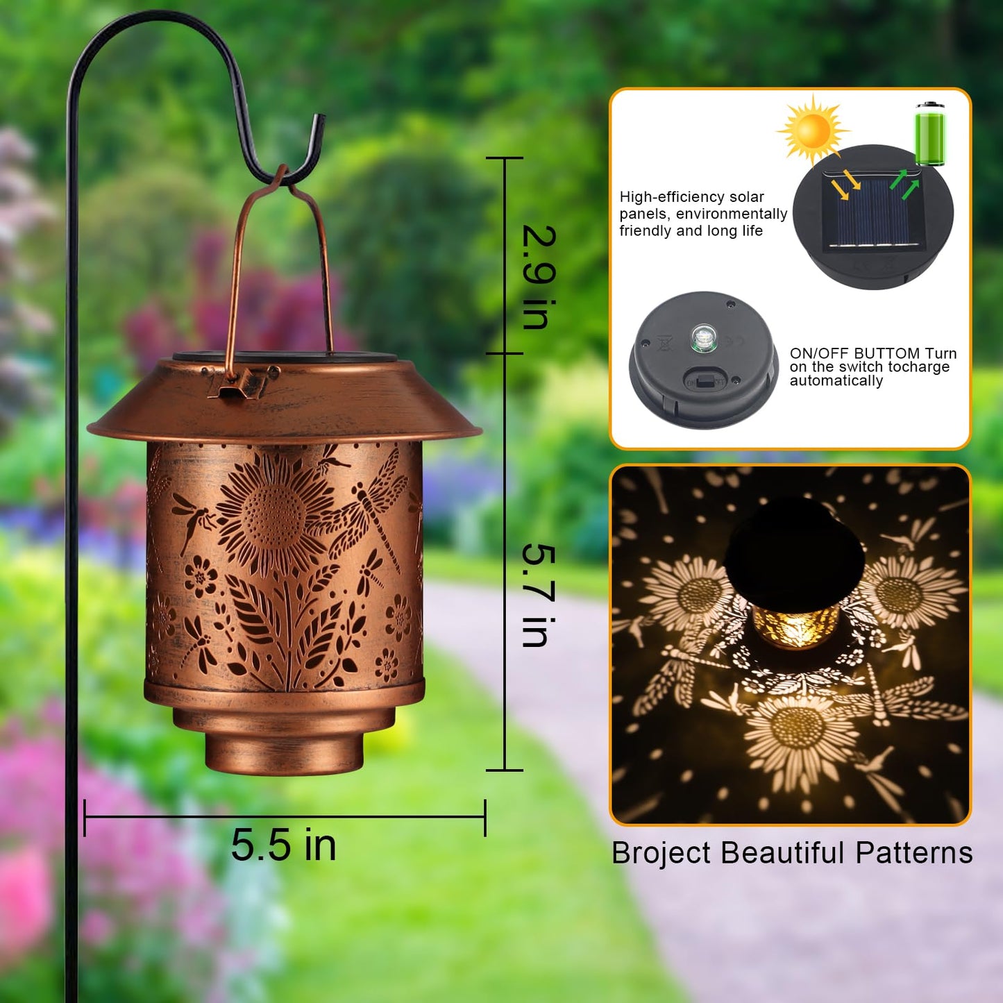 Solar Lantern Outdoor Hanging Sunflower Lights Gifts For Women Mom Metal Garden Decor Outside Waterproof Led Lanterns For Patio(Dragonfly + Sunflower)