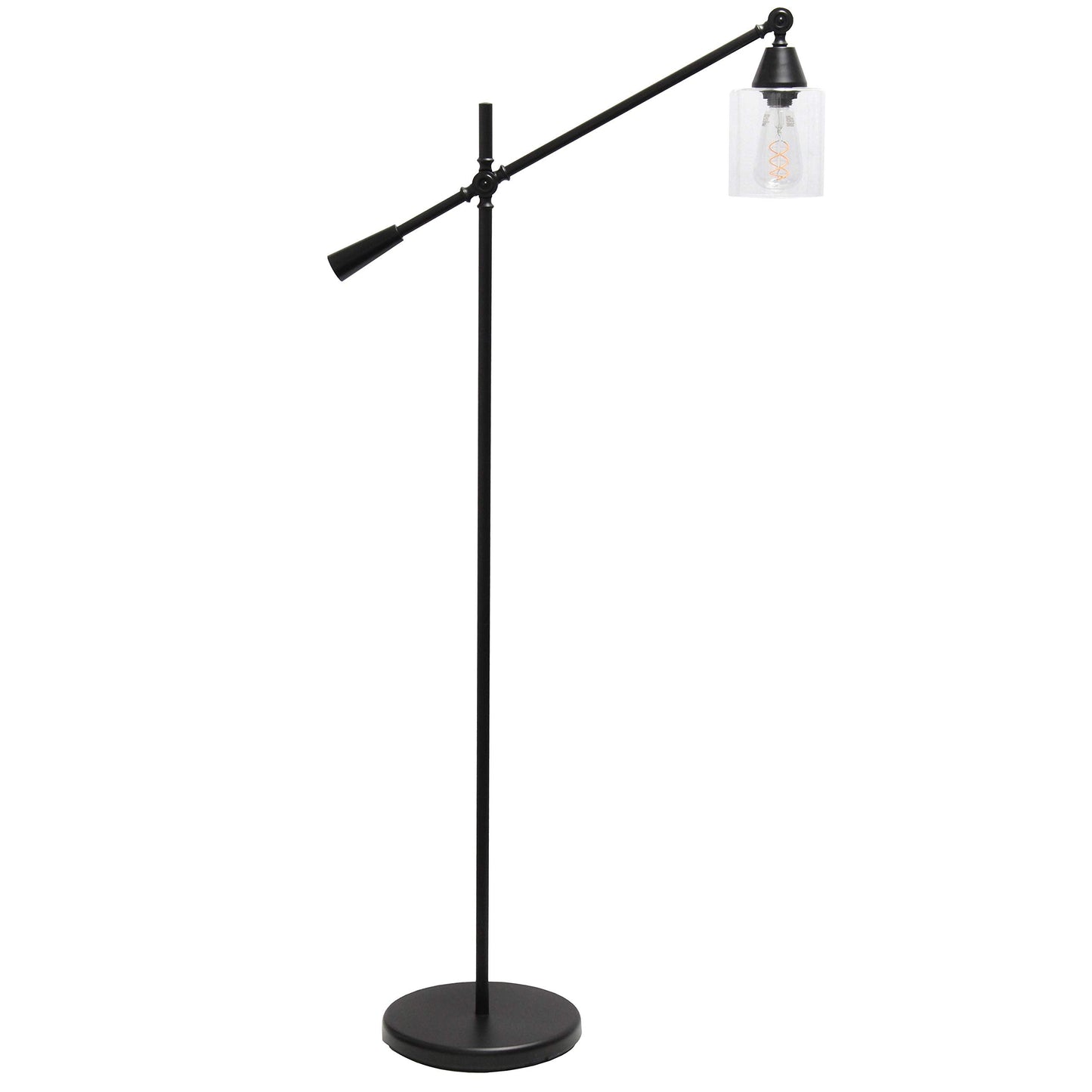 Elegant Designs Floor Lamp, Pivot Arm, Glass Shade, 30inL x 11inW x 56inH, Metal, Black, Model LF1030-BLK