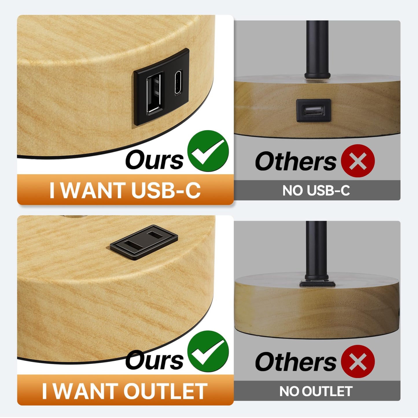 KPQ Touch Control Table Lamp, 3-Way Dimmable, USB A+C Ports, 14in Small Size, White Shade-Wood Base