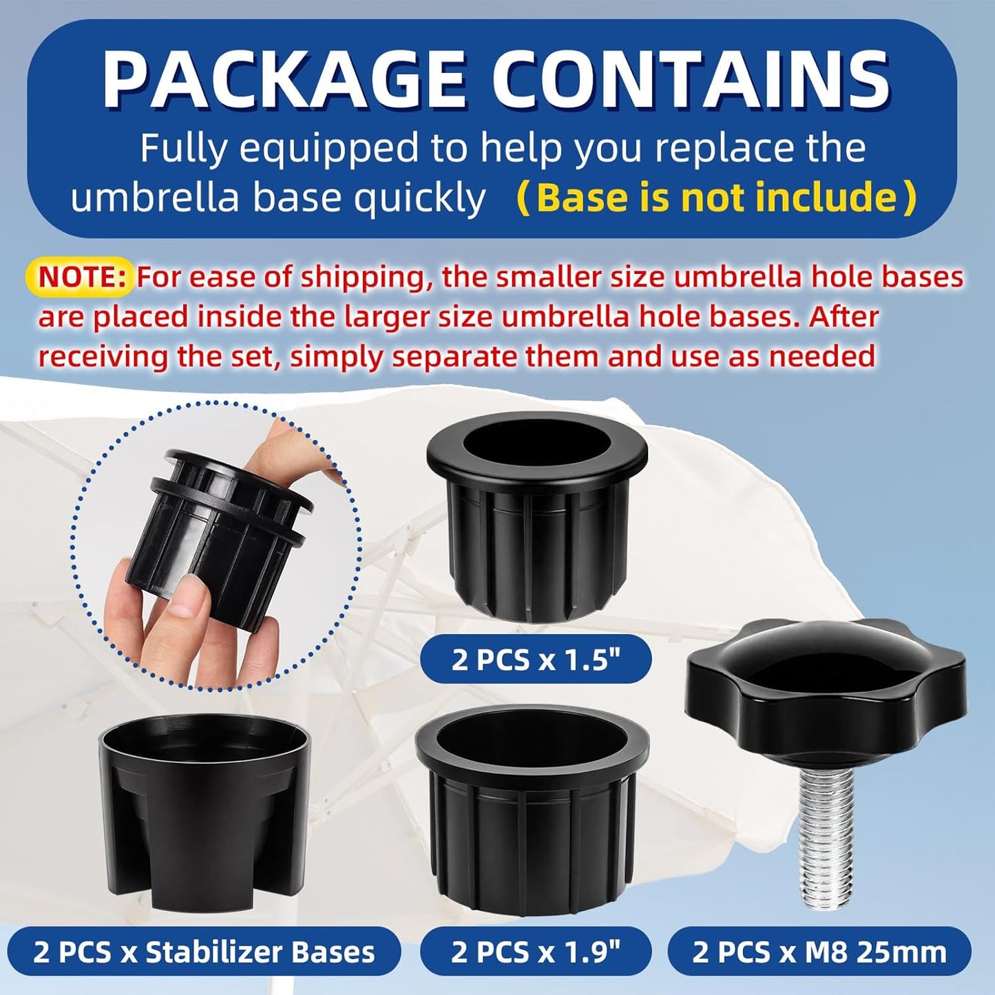8 Pieces Set Outdoor Patio Umbrella Base Stand Hole Ring Plug Cover and Cap Replacement Parts, Umbrella Stand Base with M8 Thread Replacement Stabilizer Sleeve for Outdoor Patio Spaces, Black