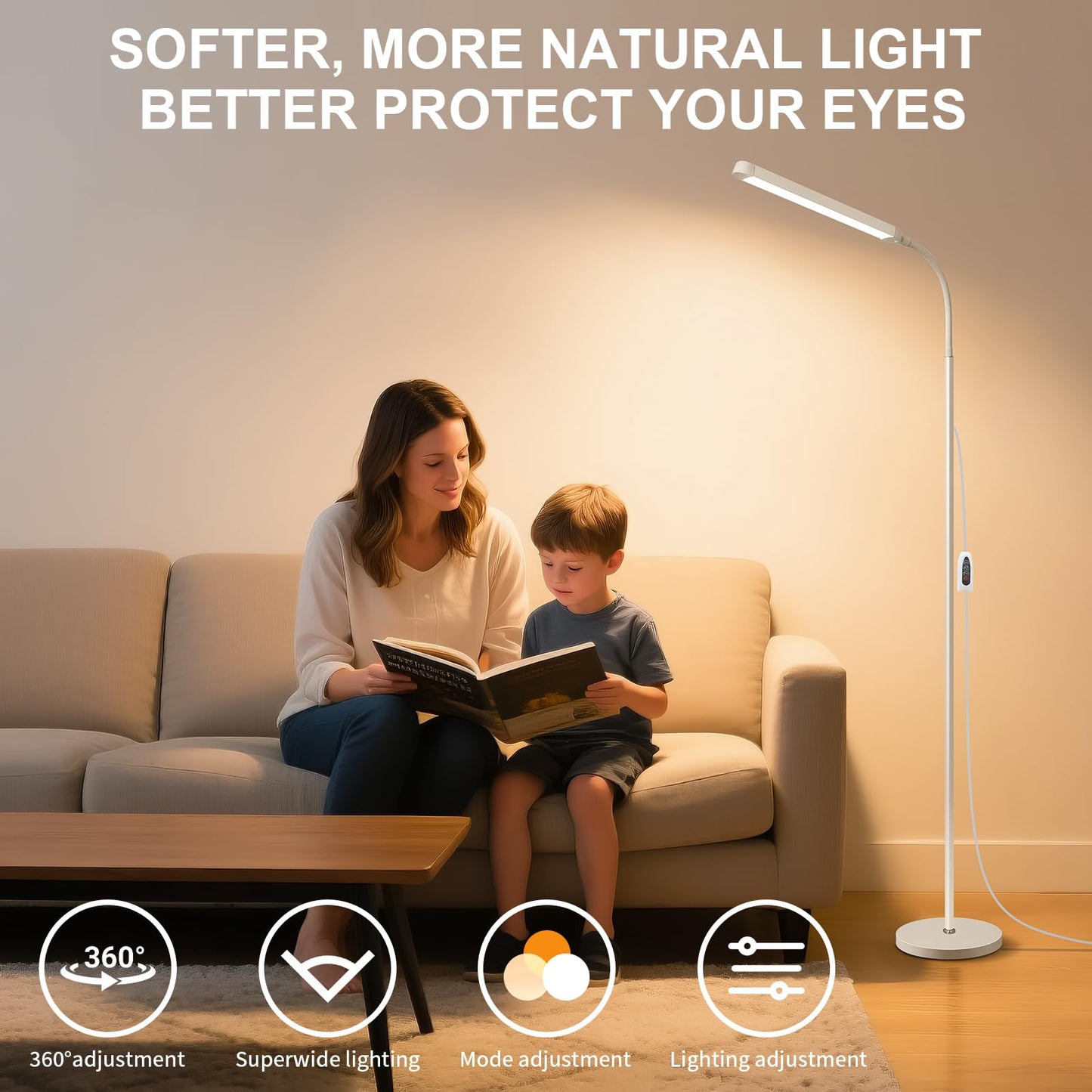 dujunlinghang White LED Reading Floor Lamp 12W Dimmable Gooseneck 3 Color Temperatures Model MD-5002 White