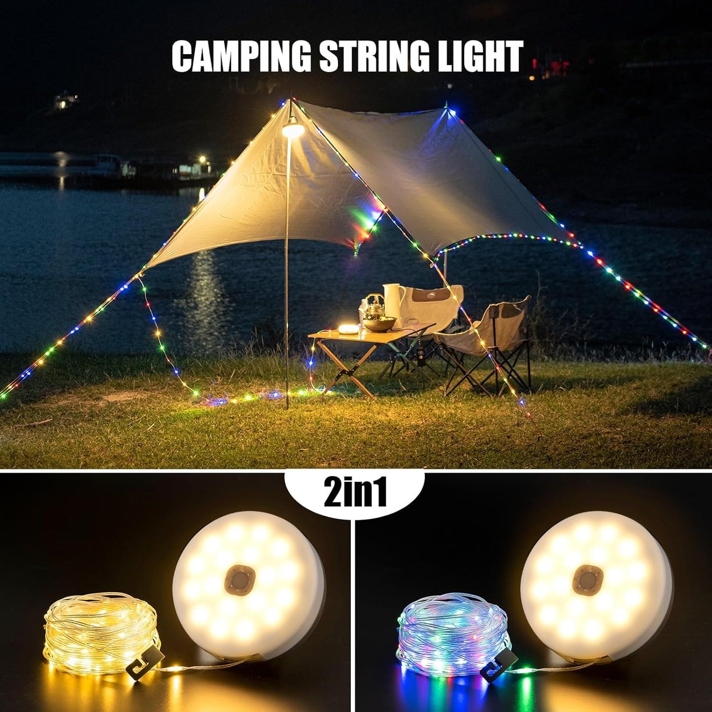 Sutaig Camping Lantern String Lights with Remote Control, 32.8Ft, Waterproof, Type-C Fast Charging, Model WCCX-SSDC-RGB