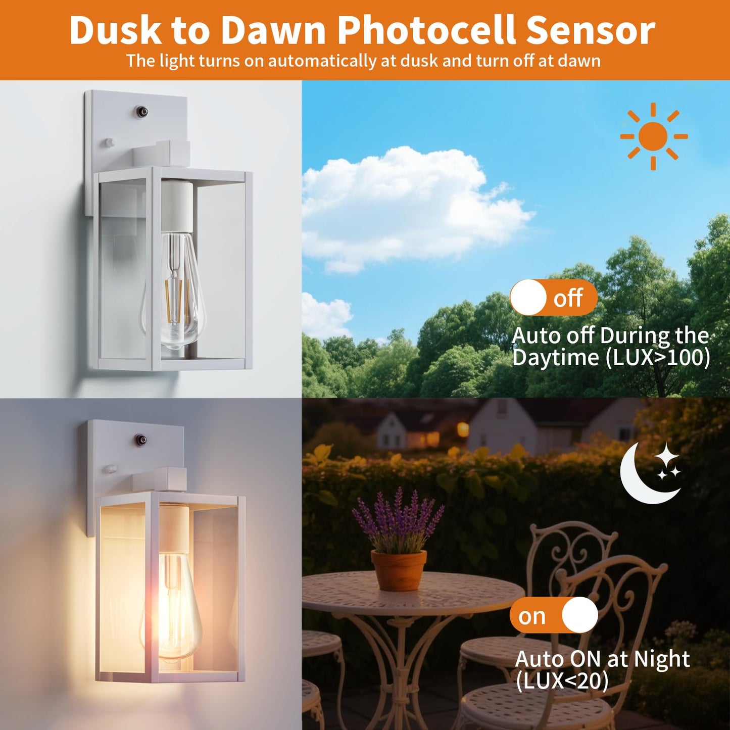 2 Pack White Dusk To Dawn Front Porch Lighting Fixtures Wall Mount  Sensor Outside Exterior Lights For House  Outdoor Lantern Lamp  Waterproof Wall Sconce Lights  Black Coach Light For Garage Entryway