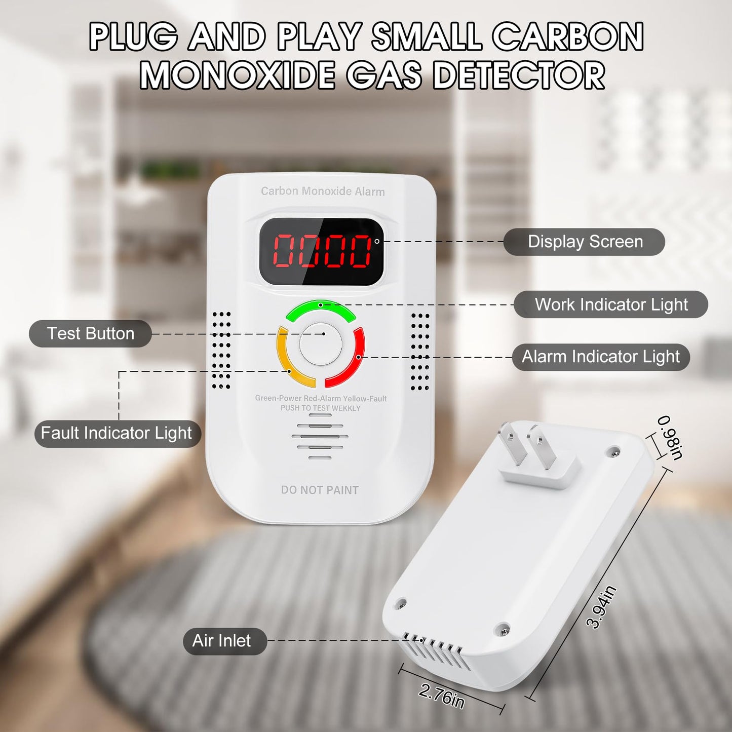 2 Pack Carbon Monoxide Detector, Plug-in Wall Carbon Monoxide Gas Detector, Portable Carbon Monoxide Detector with Digital Display LED, CO Alarm Monitor with Audible and Visual Alarm Test Mute Button