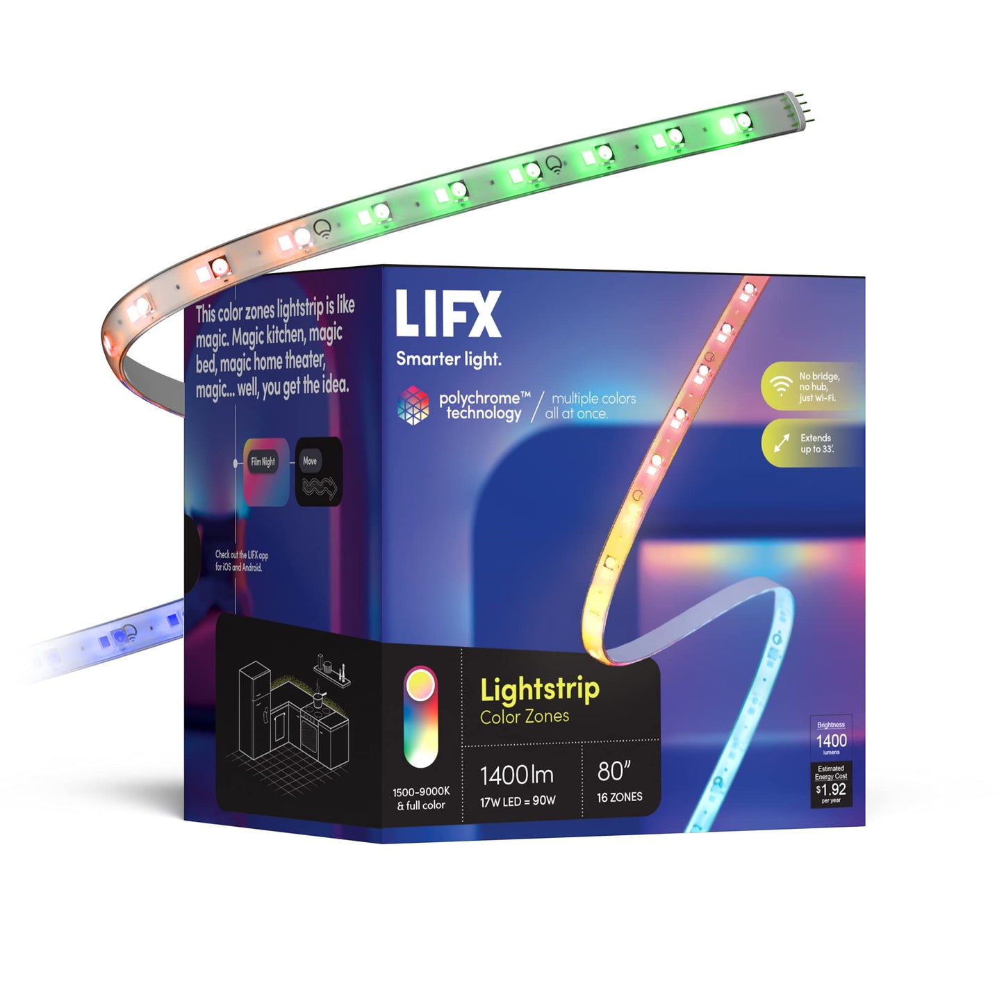 LIFX Smart WiFi Light Strip 6.6ft (Polychrome Multicolor, 8 Addressable Zones) Cuttable & Extendable Up to 32.8ft, Works with Alexa, Google Home & Siri, LED Strip Kit with Controller & Power Supply