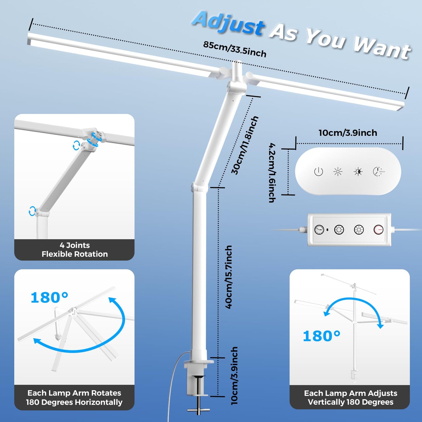 Airlonv Led Desk Lamp  Double Swing Arm Wide Lighting Area Desk Lamps For Home Office With Stepless Dimming  Eye-Caring Architect Desk Light With Clamp For Reading  Study  Workbench  Drafting(White)